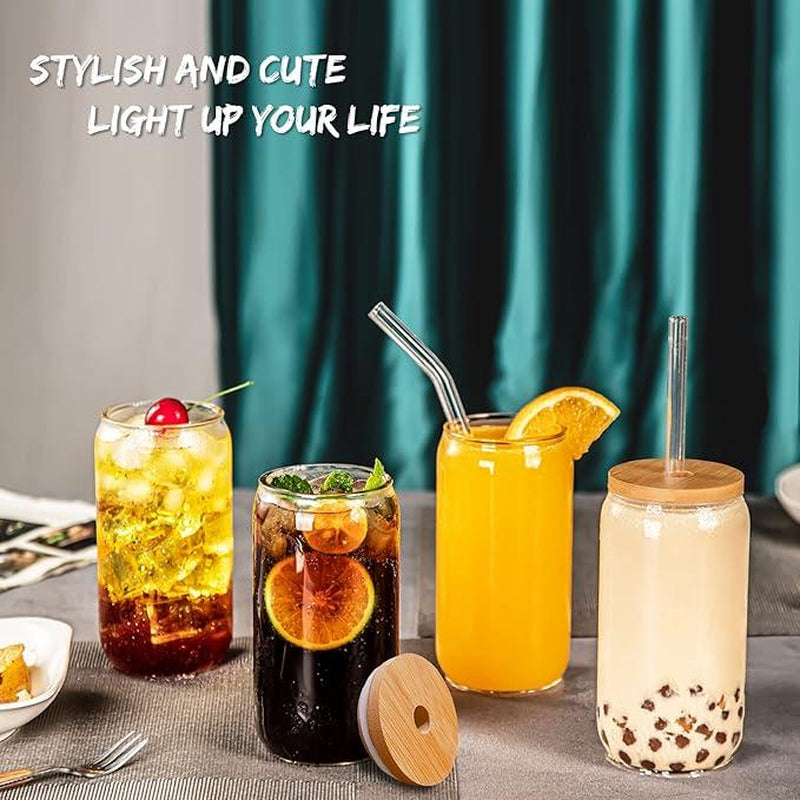 Bamboo 6-8 Count Drinking Glasses with Bamboo Lids - 16 Oz Can Shaped Glass Cups, Includes 2 Cleaning Brushes for Beverages and Tea