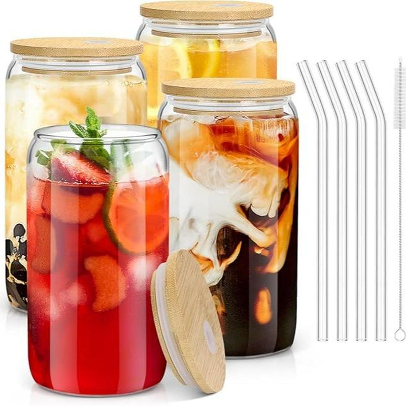 Bamboo 6-8 Count Drinking Glasses with Bamboo Lids - 16 Oz Can Shaped Glass Cups, Includes 2 Cleaning Brushes for Beverages and Tea