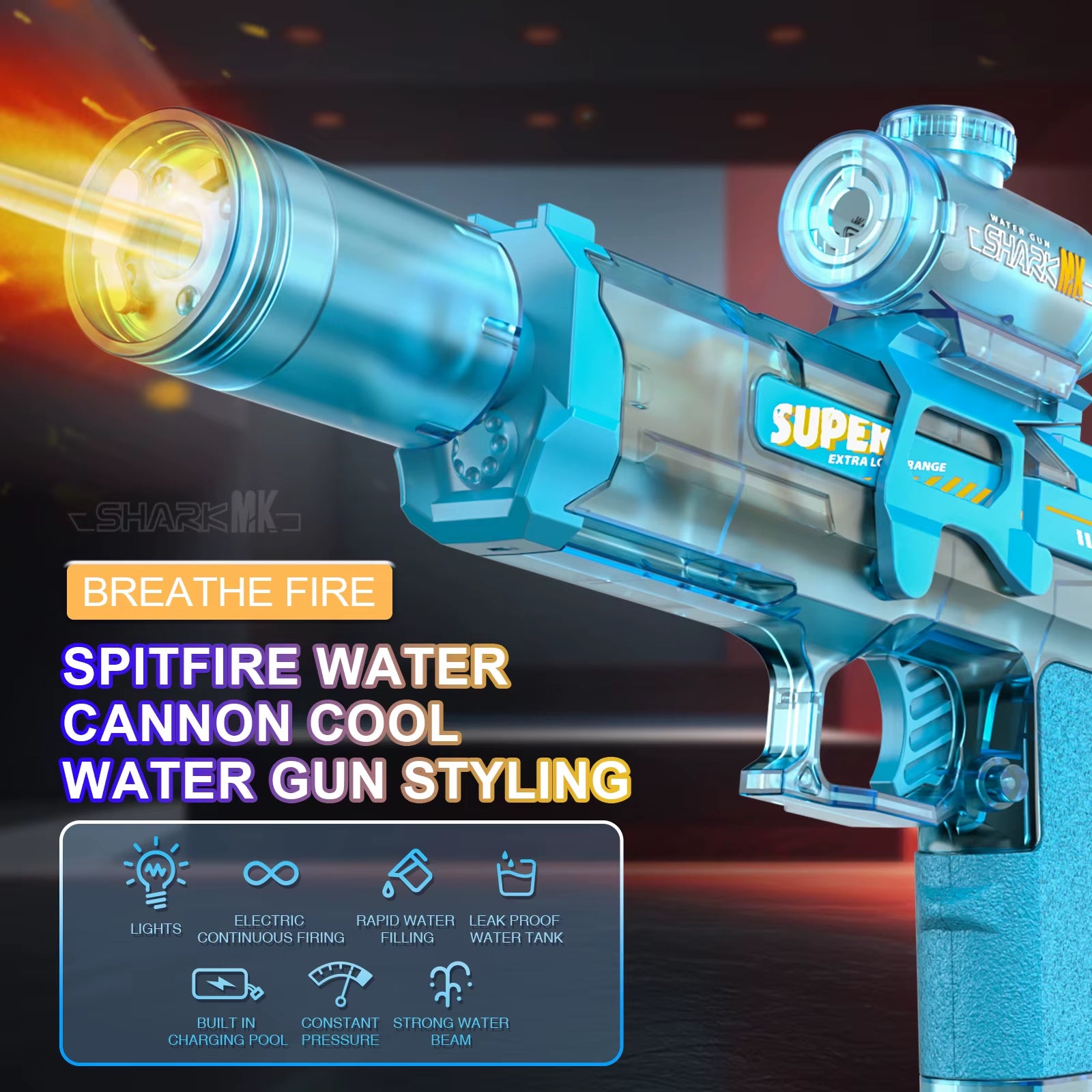 New Electric Water Gun with Light Sprays Flame Effect Continuously High-Pressure High-Speed Powerful Outdoor Water Gun Toys