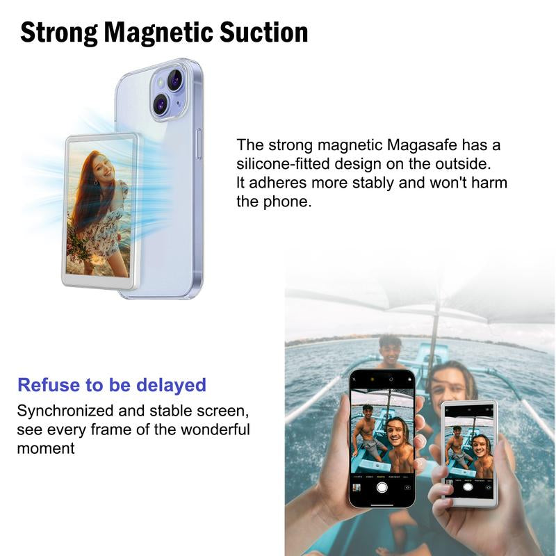 Phone Vlog Selfie Monitor Screen, Magnetic Mount for Magsafe, Rear Camera for Selfie Vlog Live Stream, Iphone & Android Compatible, Wireless Connection