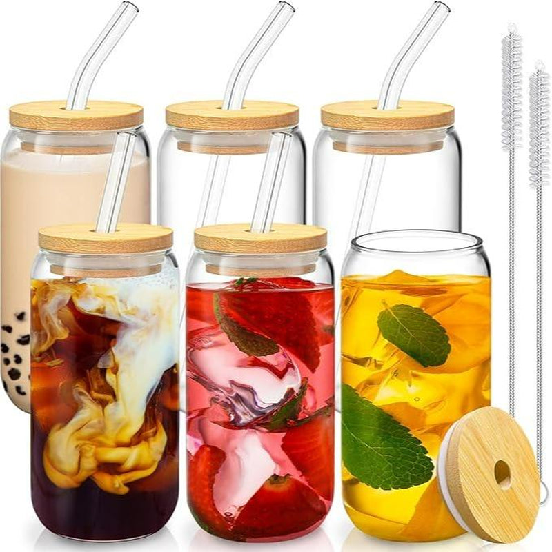 Bamboo 6-8 Count Drinking Glasses with Bamboo Lids - 16 Oz Can Shaped Glass Cups, Includes 2 Cleaning Brushes for Beverages and Tea