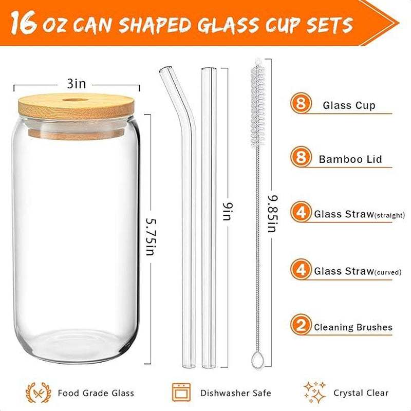 Bamboo 6-8 Count Drinking Glasses with Bamboo Lids - 16 Oz Can Shaped Glass Cups, Includes 2 Cleaning Brushes for Beverages and Tea