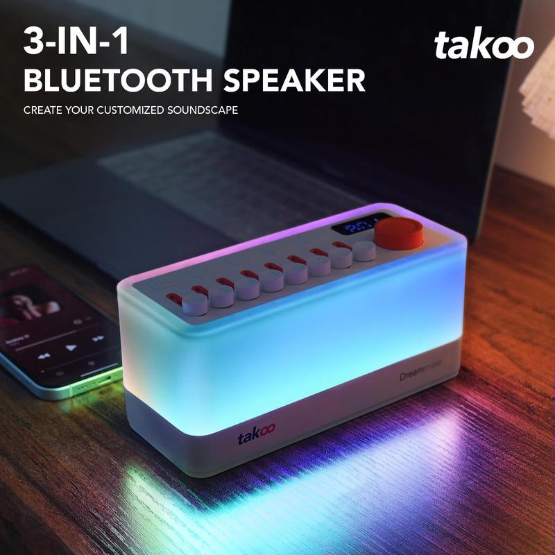 Takoo White Noise - Mixable 3 in 1 Speaker - Portable Sleep Aid, Sound Machine, 8 Adjustable Nature Sounds, Bluetooth Speaker, 30-Level Night Lights, 11 LED Ambient Breathing Lights, Timer, Bedroom Gadgets, Baby, Nursing, Toddlers, Insomnia