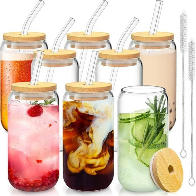 Bamboo 6-8 Count Drinking Glasses with Bamboo Lids - 16 Oz Can Shaped Glass Cups, Includes 2 Cleaning Brushes for Beverages and Tea