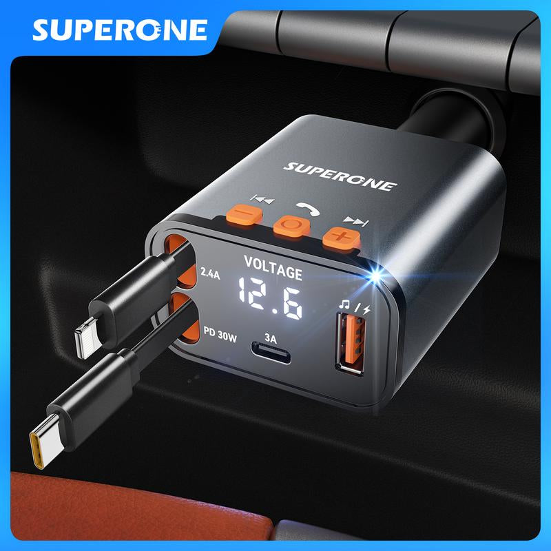 Bluetooth 5.3 Car Adapter with Retractable Charger 69W FM Transmitter Radio Receiver Handsfree Calling Audio Receiver MP3 Music Player Support USB Vehicle Automotive Fathersdaygift