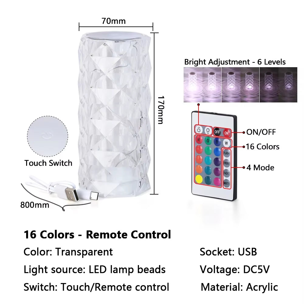 16 Colors Touch Remote Diamond Rose LED Crystal Lamps Table Romantic Christmas USB Night Light Projector Atmosphere Rechargeable