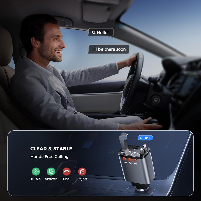 Bluetooth 5.3 Car Adapter with Retractable Charger 69W FM Transmitter Radio Receiver Handsfree Calling Audio Receiver MP3 Music Player Support USB Vehicle Automotive Fathersdaygift