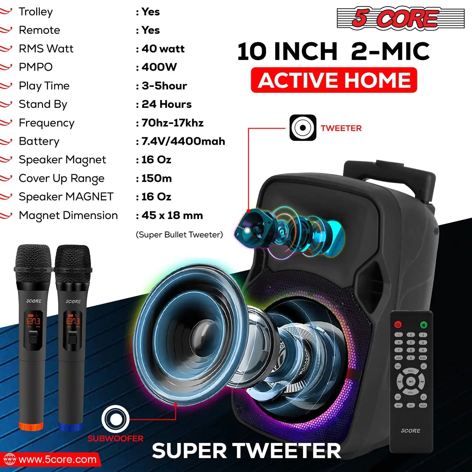 5Core 10 inch PA Portable Bluetooth Party Speaker Karaoke Boombox + 2 Wireless Mics